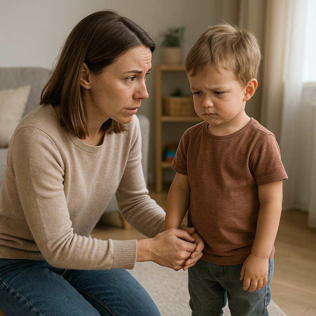 A mother gently holds her young child’s hands in a softly lit living room, modeling calm, connected communication during a moment of frustration.